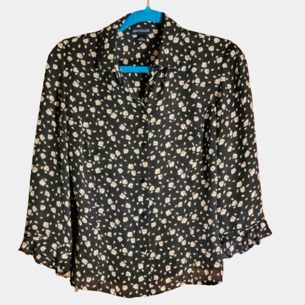 Ann Taylor Floral 100% Silk Button-Up Blouse with 3/4 sleeves & adjustable tie